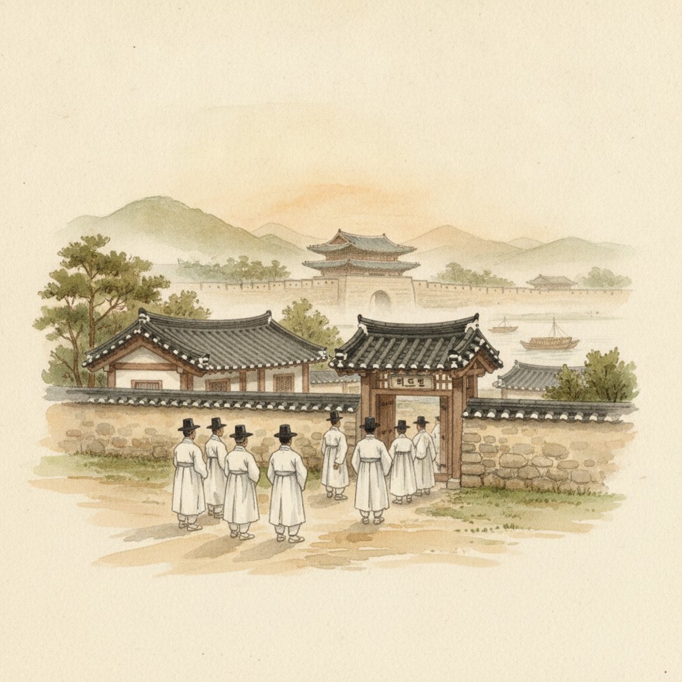 1880년대 서울 남대문 안 한옥 예배당 앞에 사람들이 모여드는 이른 아침 풍경