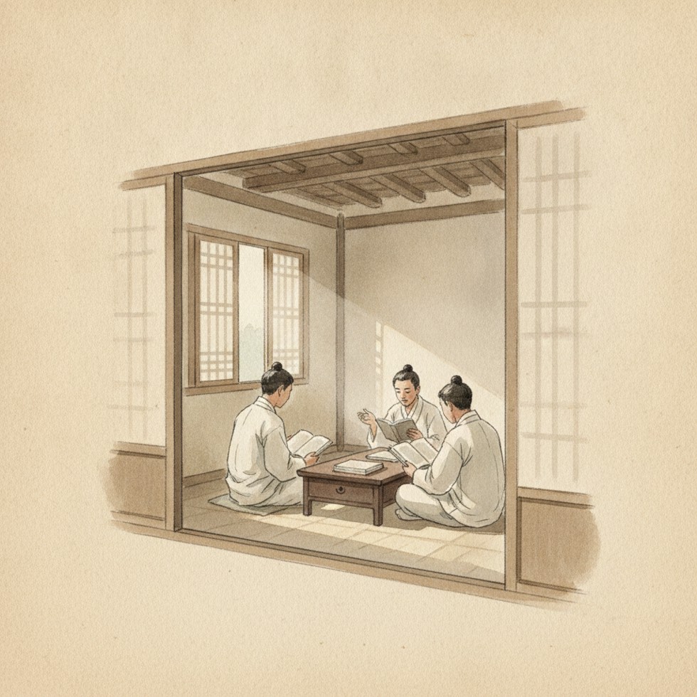 1880년대 서울 정동의 한옥 교실에서 몇몇 조선 청년이 책을 펴고 앉아 있는 뒷모습