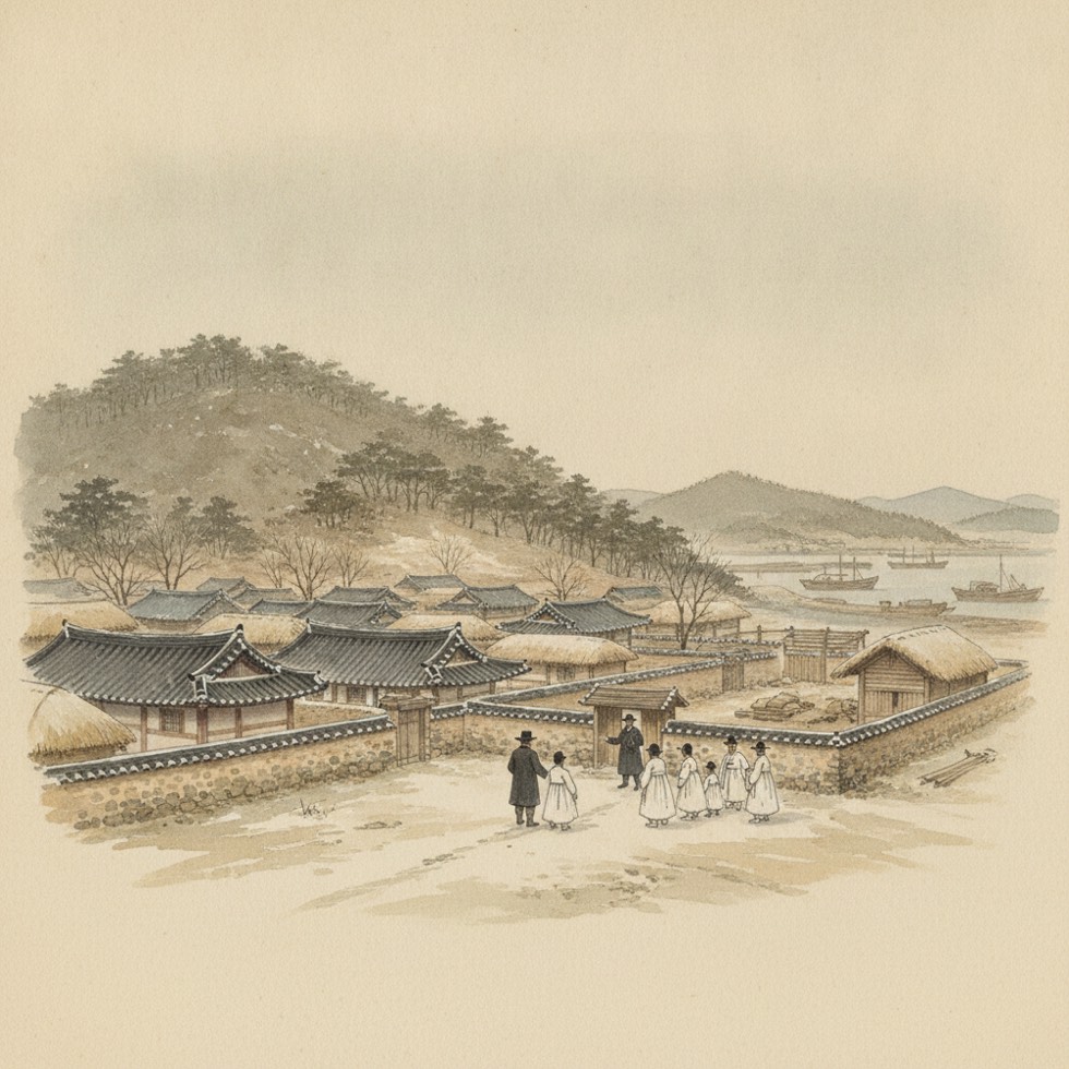 1904년 겨울 광주 양림 언덕의 선교 마을을 그린 수채 일러스트