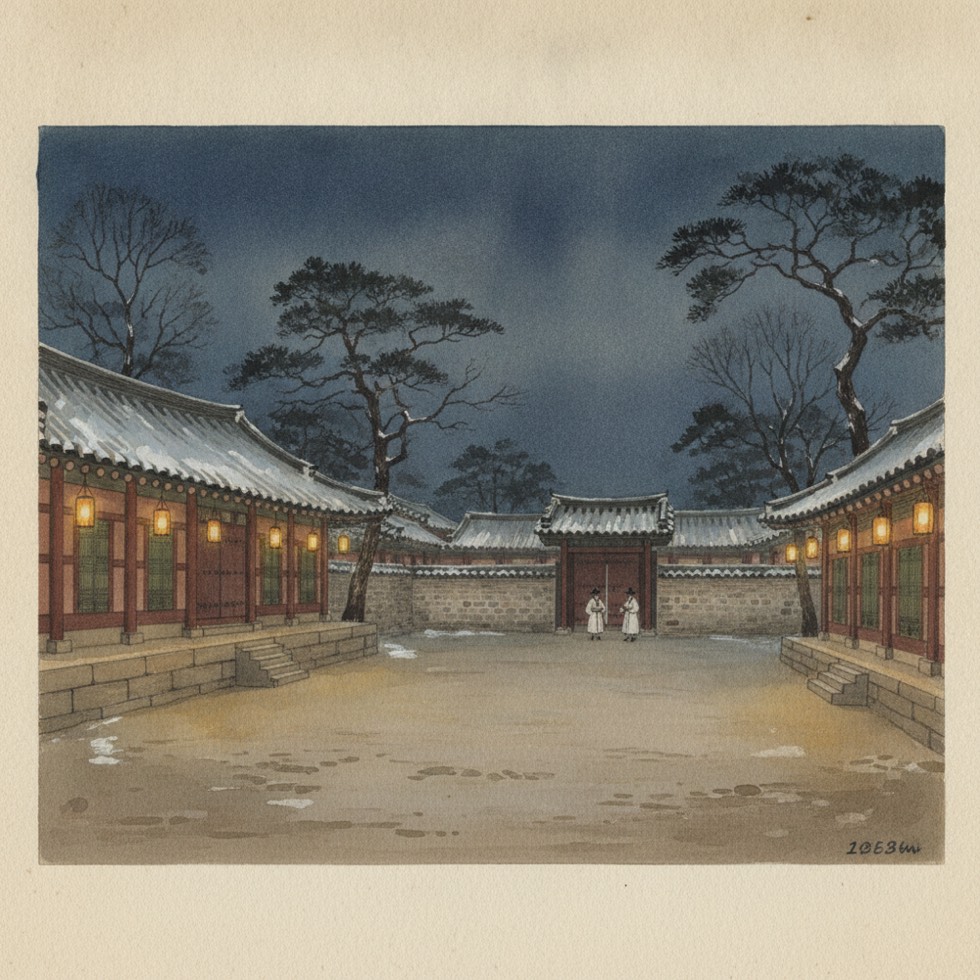 1895년 겨울 궁궐 불침번을 그린 수채 일러스트