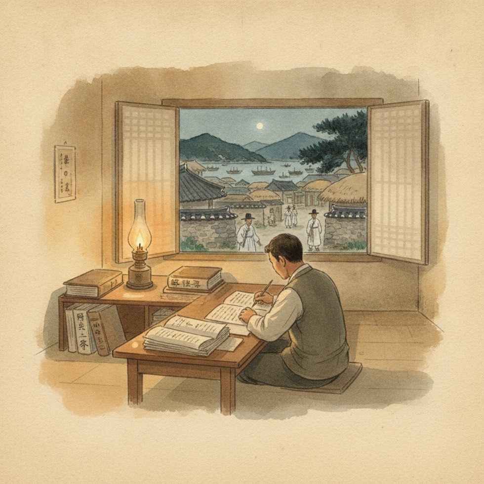원산 바닷가 마을의 작은 방, 등잔불 아래 원고와 한자 자료가 쌓인 책상에 앉은 선교사의 뒷모습