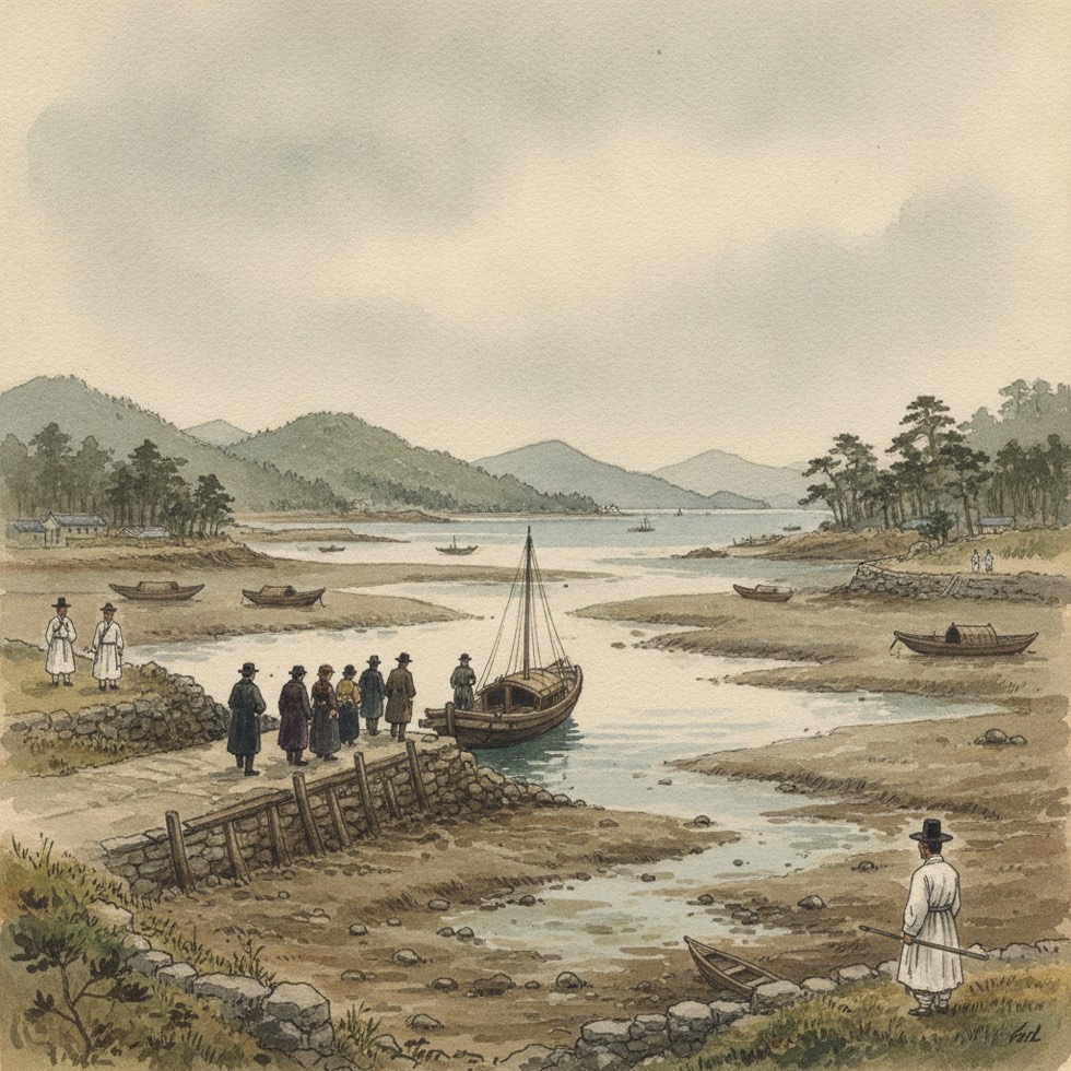 1885년 조선 제물포 앞바다, 작은 배가 갯벌 나루에 닿고 서양 여인 일행이 뭍으로 내리는 원경