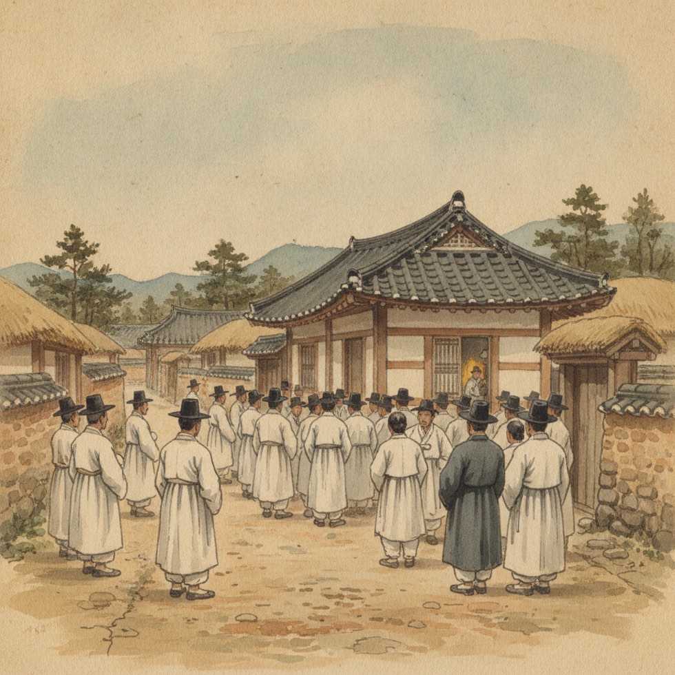 구한말 평양의 골목에 몰려든 조선 사람들과 서양인 가족의 집, 인물은 작게