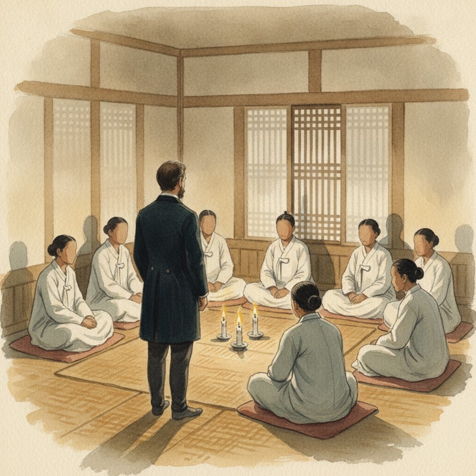 1880년대 서울 정동 한옥 방 안, 촛불 곁에 둘러앉은 조선 사람들과 그 앞에 선 서양인의 뒷모습
